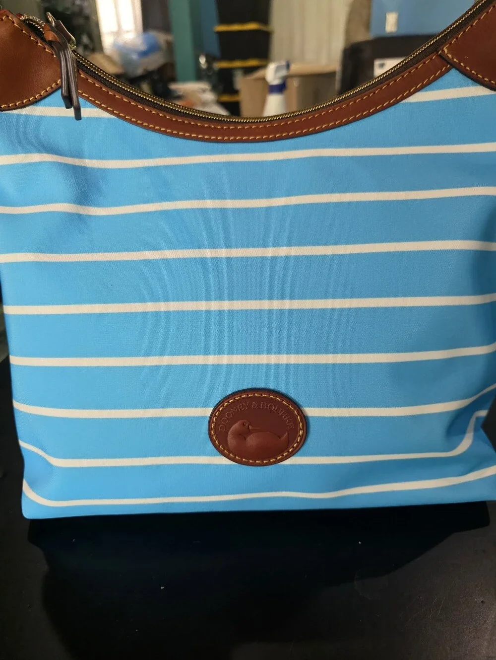 New Striped Blue & White Tote with Brown Trim - Dooney & Bourke